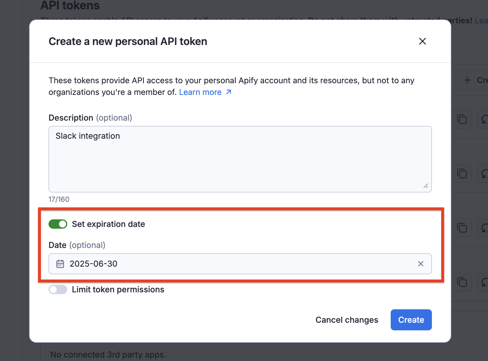 Creating token with expiration date in Apify Console