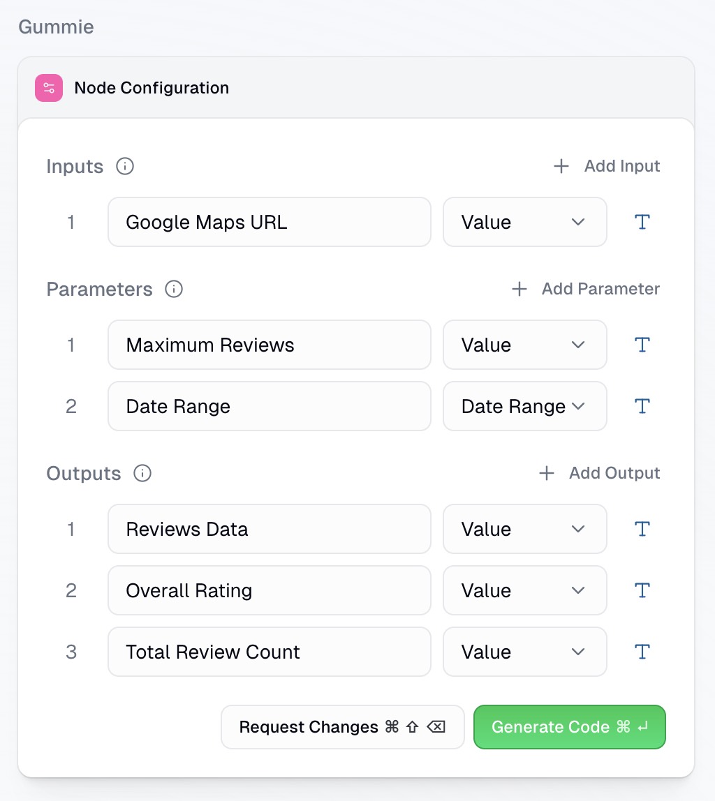 Suggested inputs, parameters, outputs